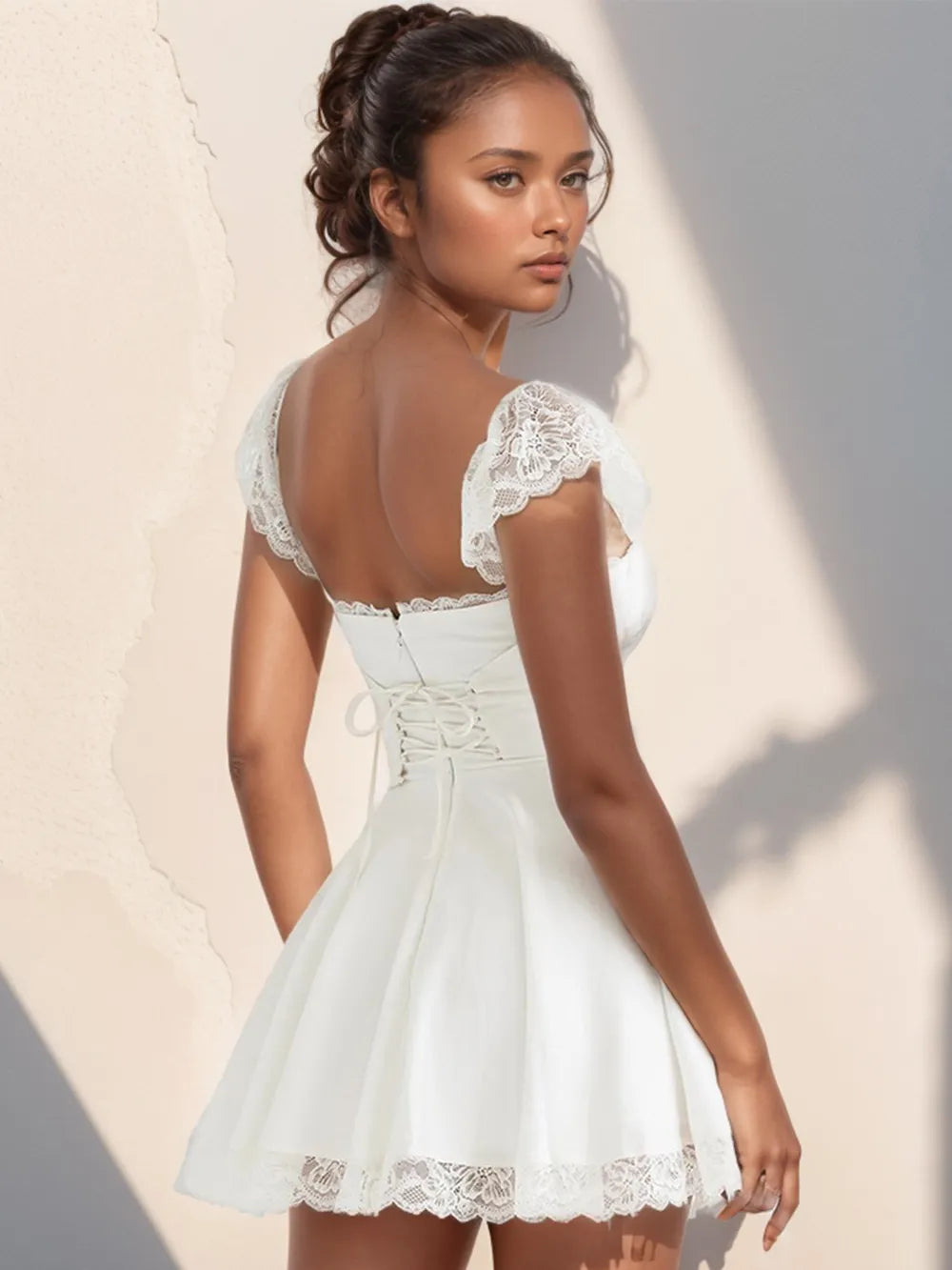 Lace-Detail Square-Neck Cap-Sleeve Mini Dress