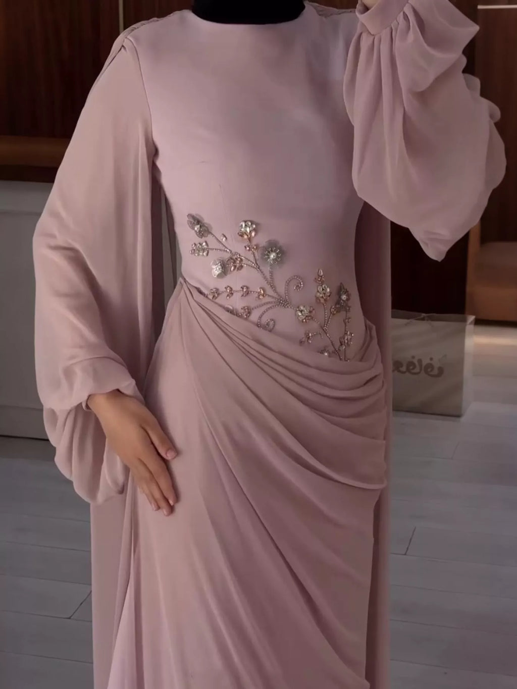 Floral-Embellished Long-Sleeve Ruched Evening Maxi Dress | S–3XL