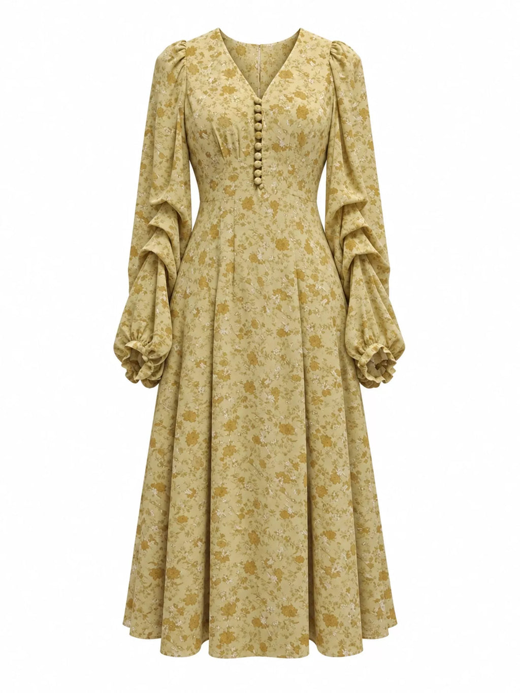 Yellow Floral V-Neck Long-Sleeve Midi Dress