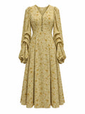 Yellow Floral V-Neck Long-Sleeve Midi Dress