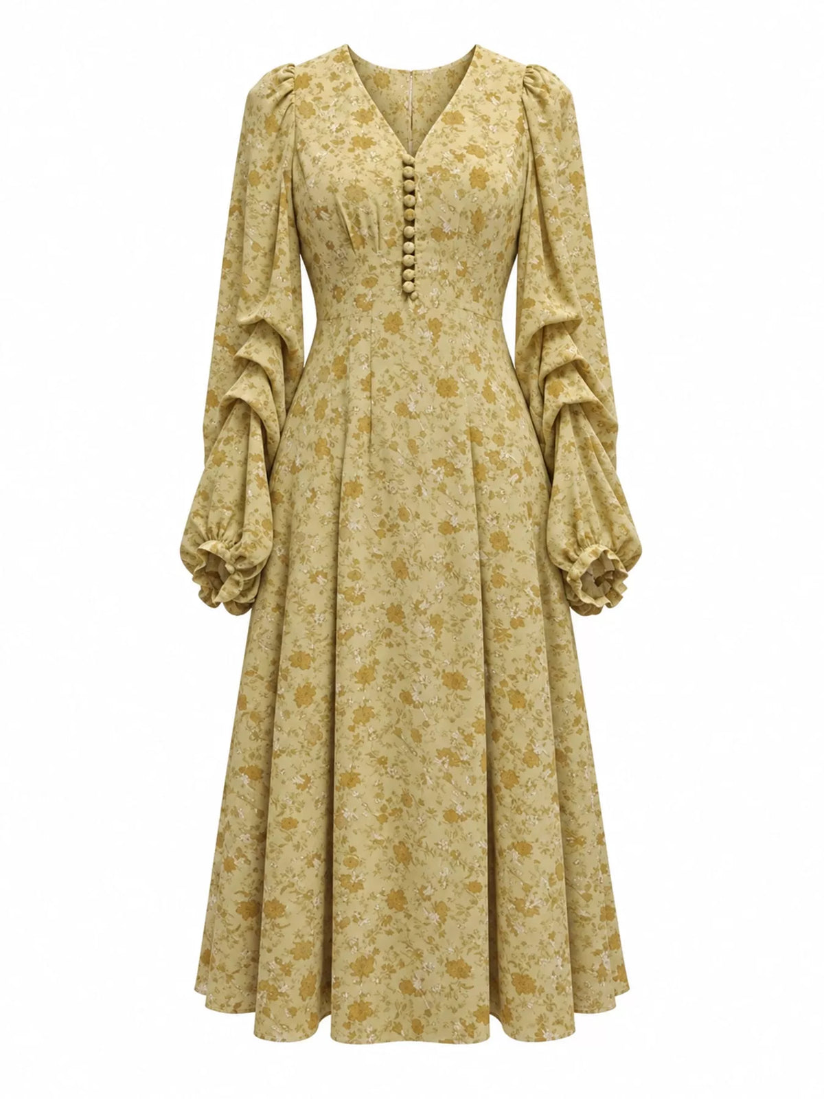 Yellow Floral V-Neck Long-Sleeve Midi Dress