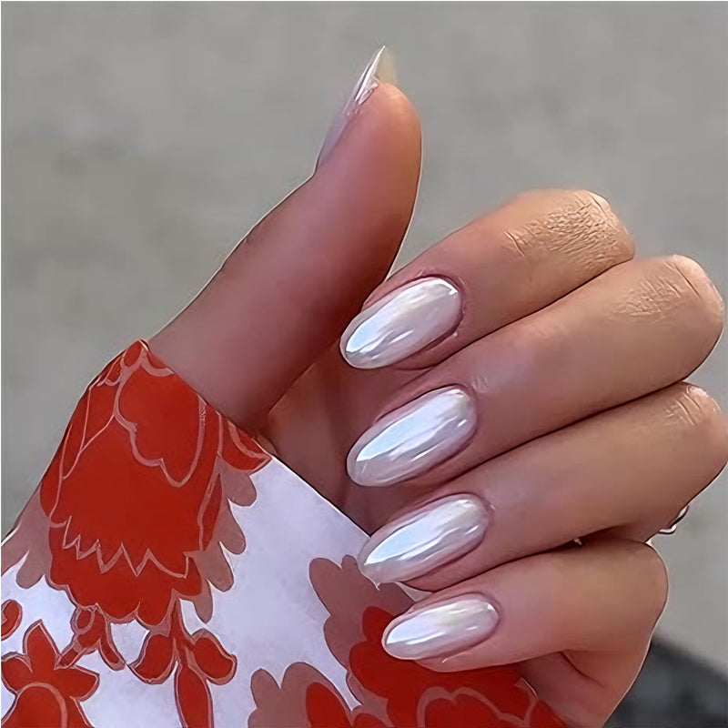 Aurora White Press-On Nails – 24 PCS Long Water Pipe Shape | Pearlescent Bridal Finish — Prime Trend Market