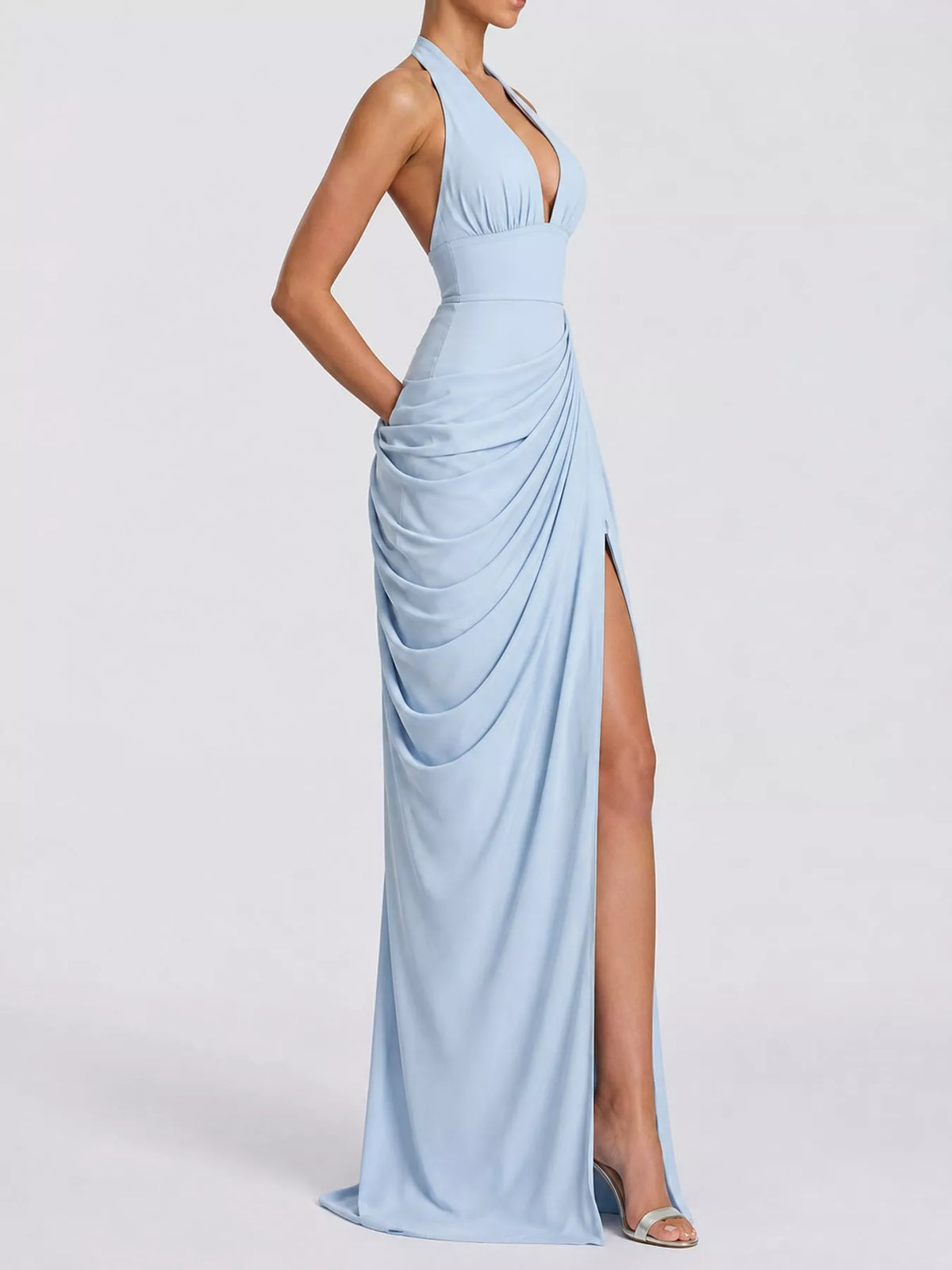 Halter-Neck Ruched High-Slit Maxi Evening Dress
