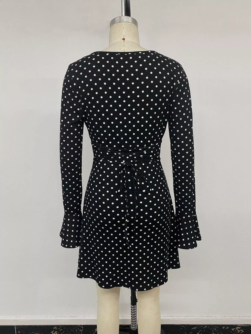Black Polka-Dot V-Neck Tie-Back Mini Dress