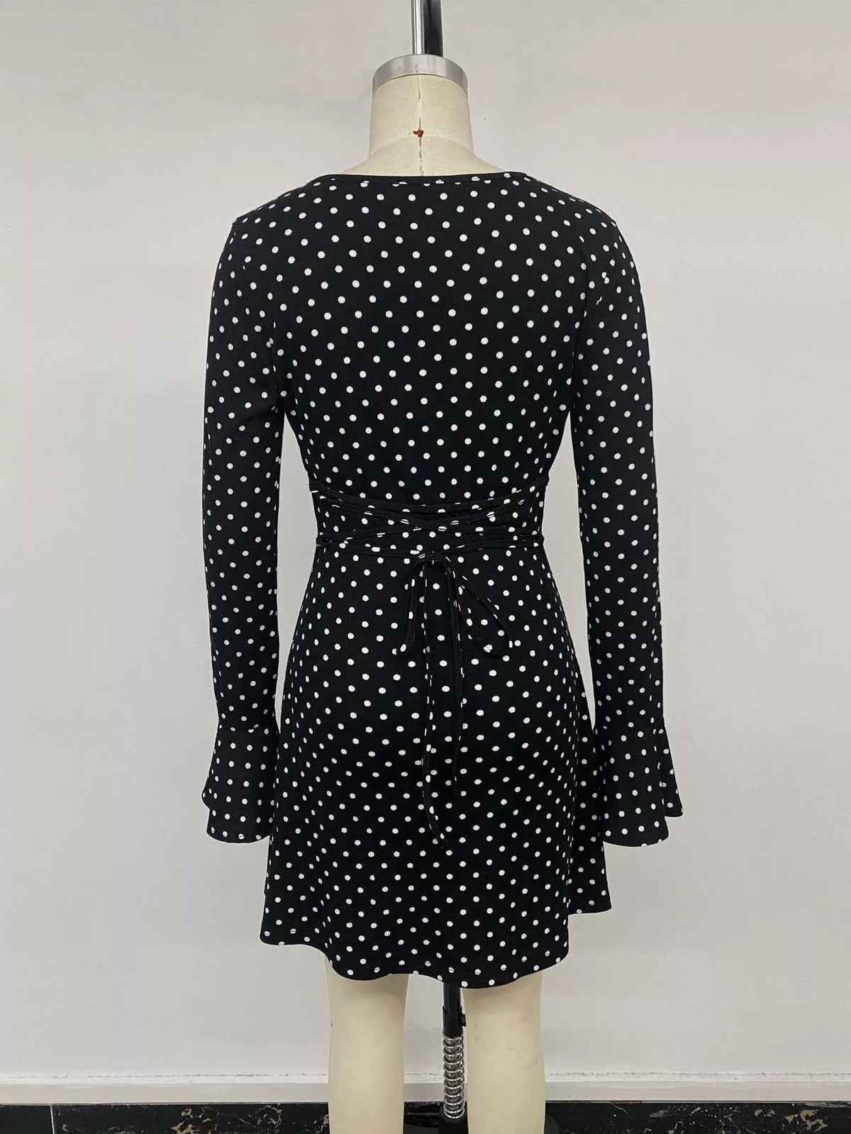 Black Polka-Dot V-Neck Tie-Back Mini Dress