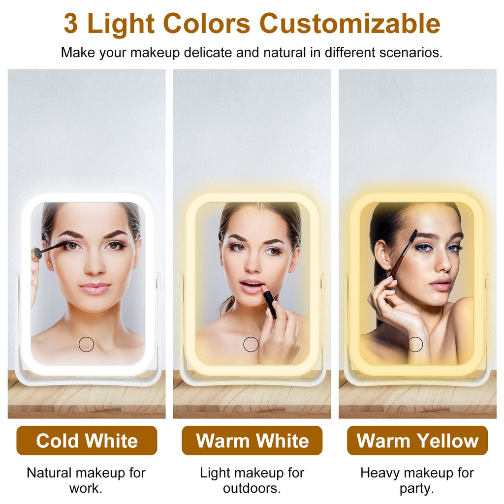 10X Magnifying LED Makeup Mirror – Double Sided, 3 Light Colors, Touch Screen, USB Rechargeable | White — Eliza & Tuan