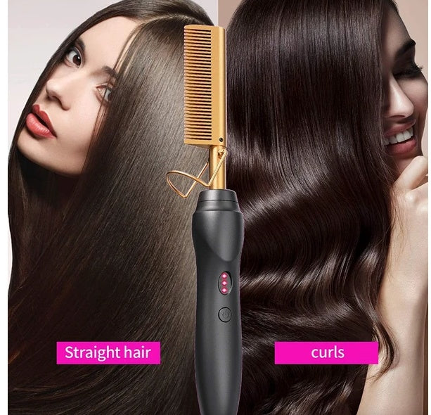 Pro Electric Hair & Beard Straightening Comb | Heat Styling Hot Comb Press | Men & Women | Black Gold — Prime Trend Market