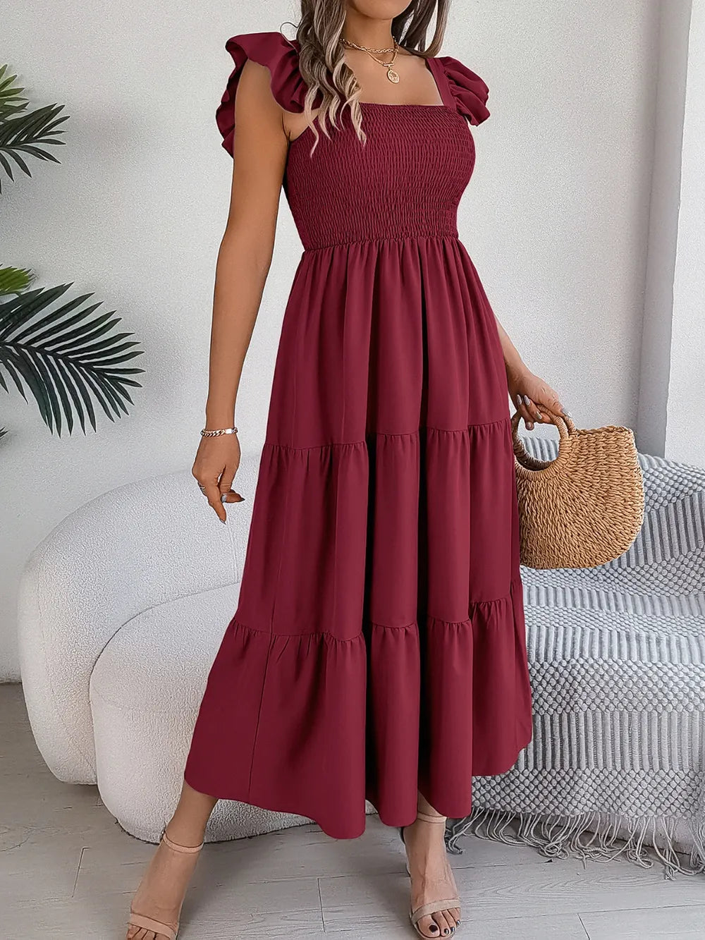 Smocked Square-Neck Cap-Sleeve Midi Dress