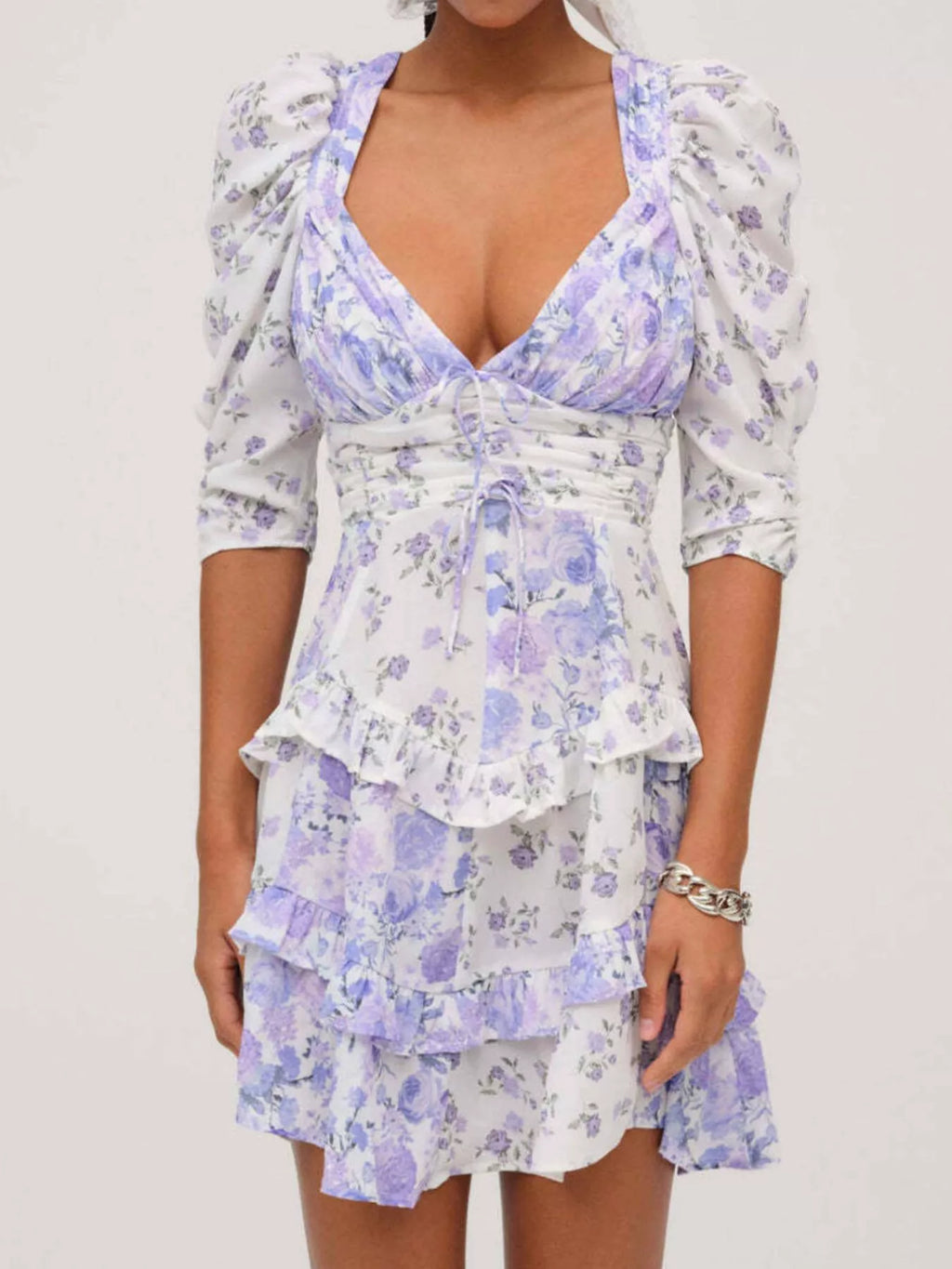 Ruffled Floral-Print Half-Sleeve Dress