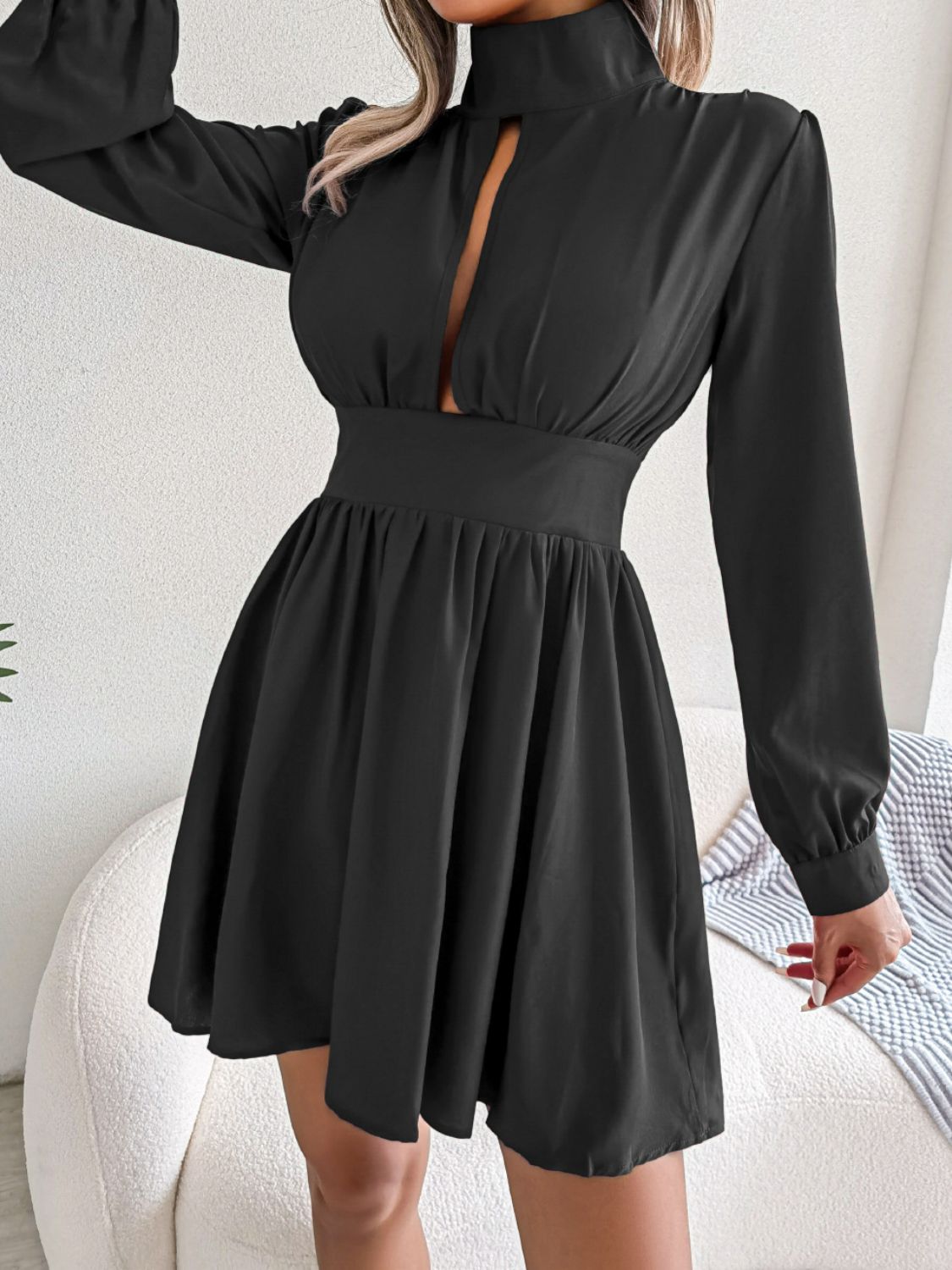 High-Neck Cutout Long-Sleeve A-Line Mini Dress