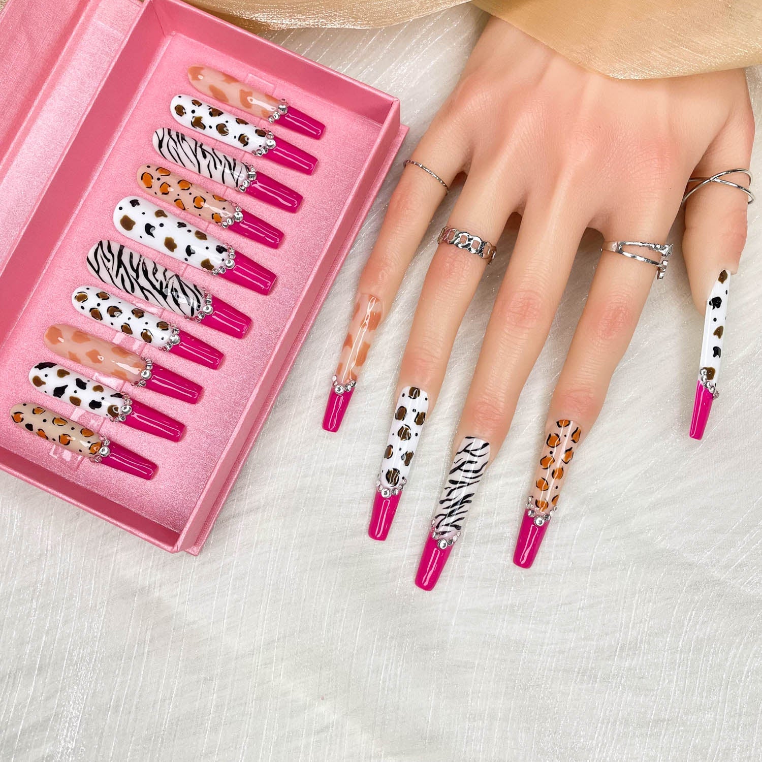 Diamond Zebra Press On Nails – Extra Long Stiletto, 3D Hand-Painted Glitter Gold UV Finish — Prime Trend Market