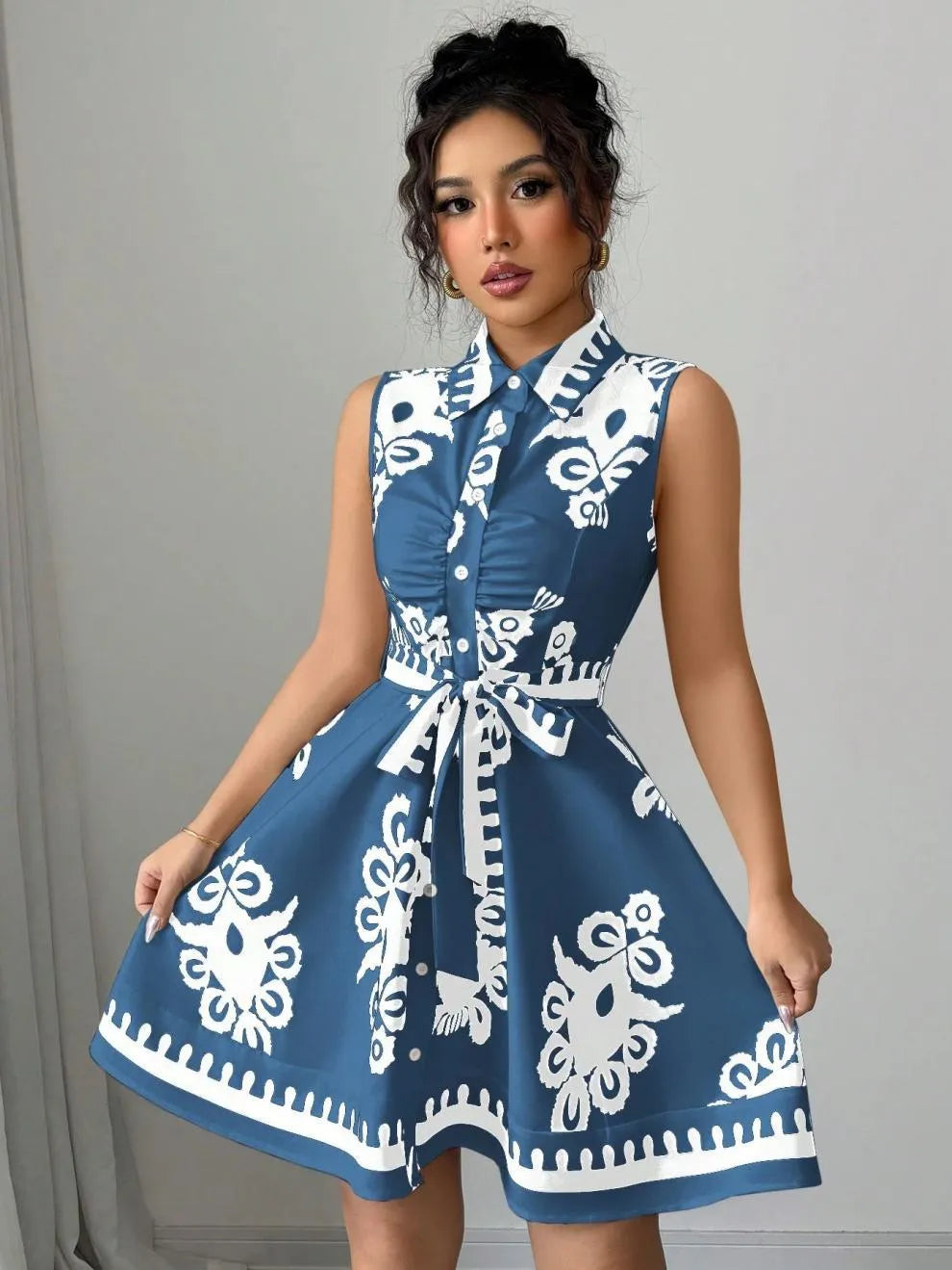 Printed Sleeveless Button-Front Dress