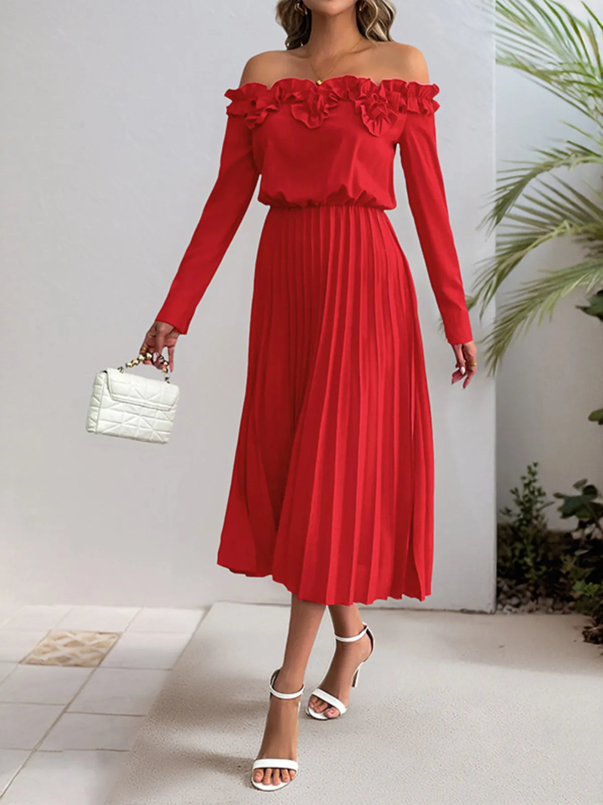 Red Off-Shoulder Ruffle Long-Sleeve Pleated Midi Dress