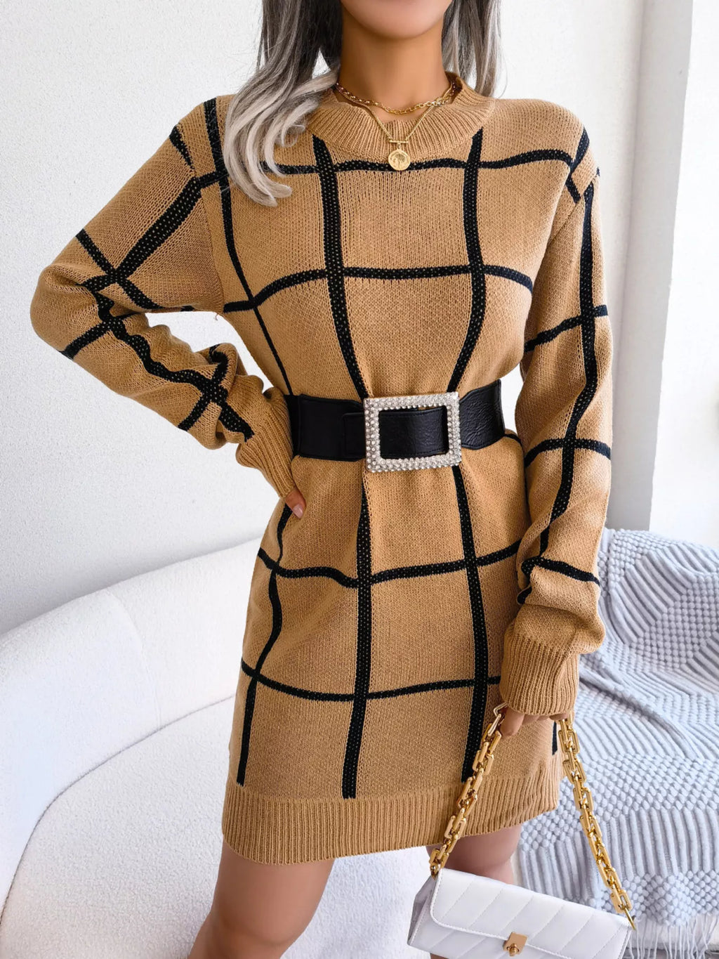 Windowpane Plaid Round-Neck Sweater Mini Dress