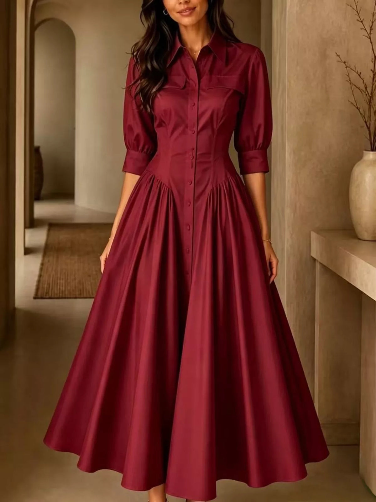 Collared Cinched-Waist Button-Front Midi Dress