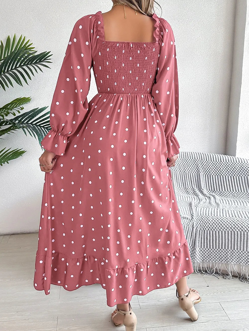 Polka-Dot Square-Neck Smocked Flounce-Sleeve Midi Dress