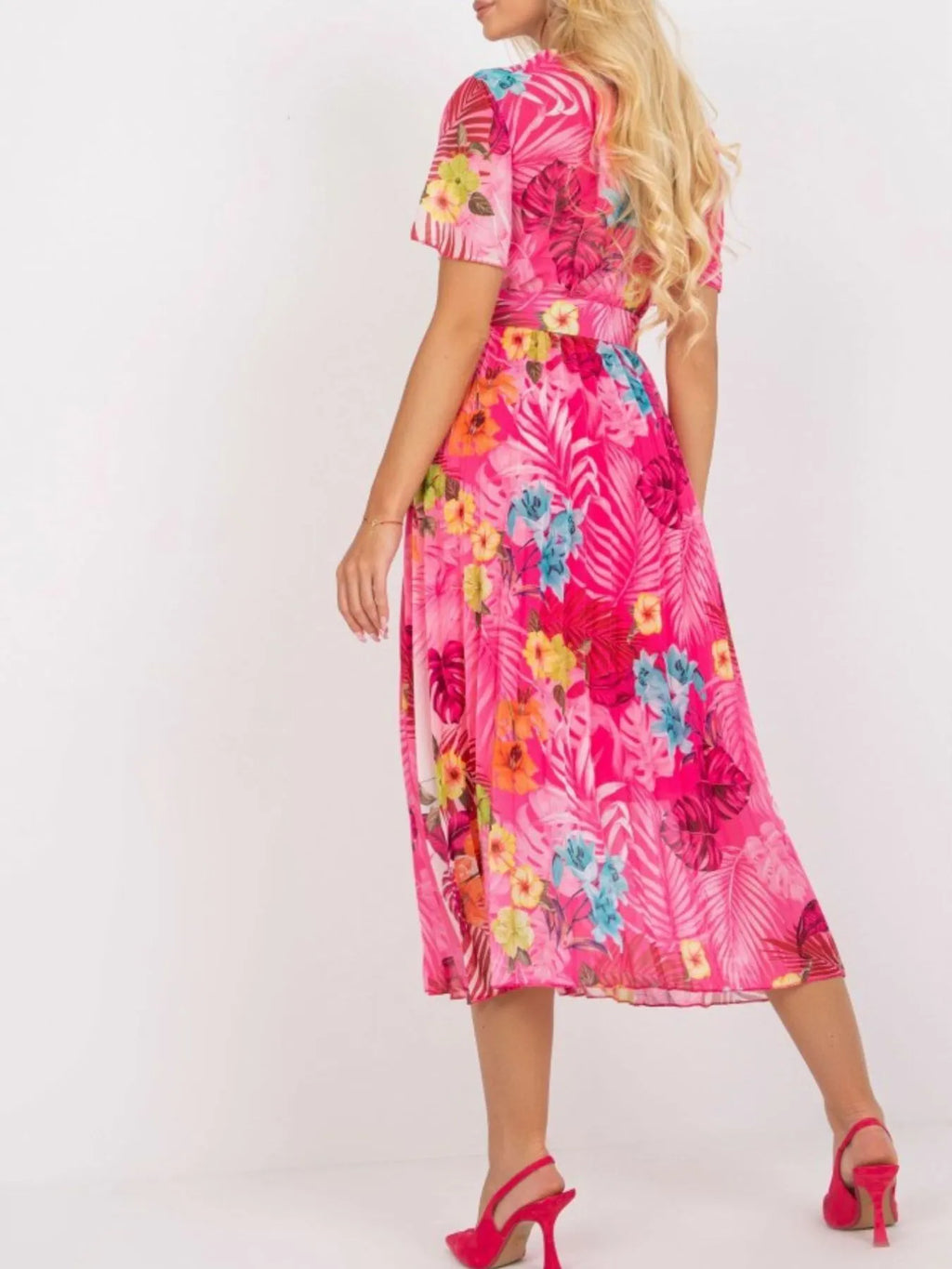 Printed Belted Pleated Wrap-Look Midi Dress