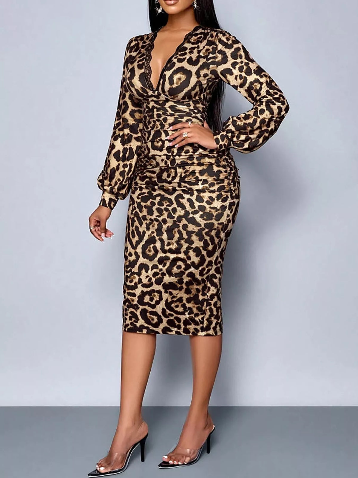Lace-Trim V-Neck Long-Sleeve Ruched Midi Dress