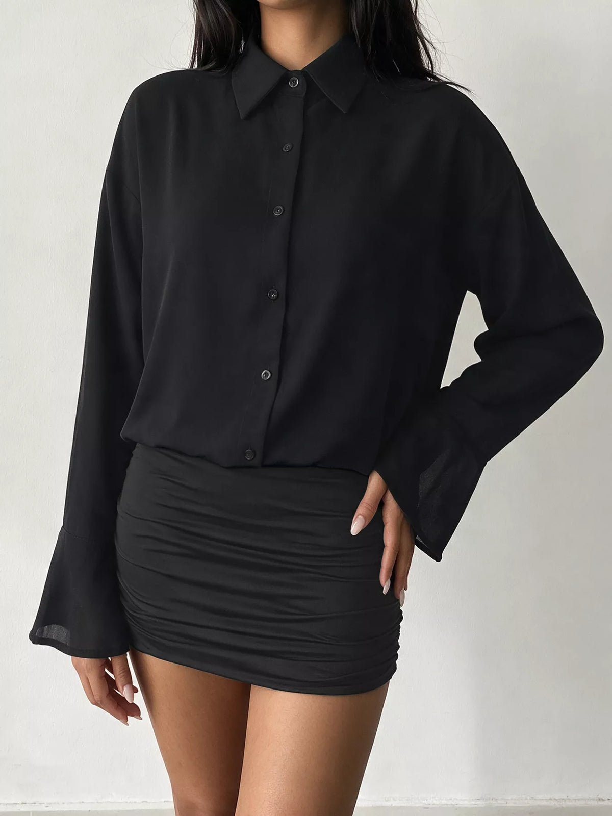 Black Button-Front Flounce-Sleeve Ruched Mini Dress