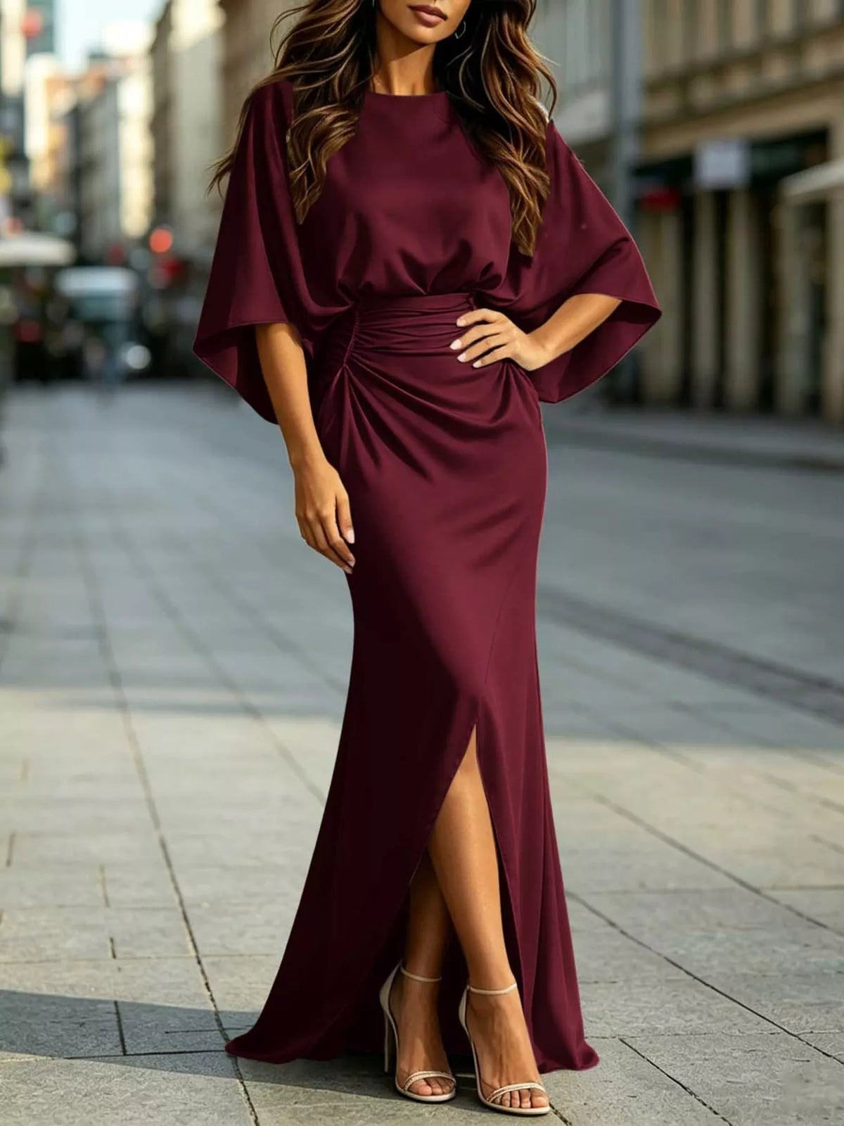 Ruched-Waist Draped-Sleeve Slit Maxi Dress with Pockets