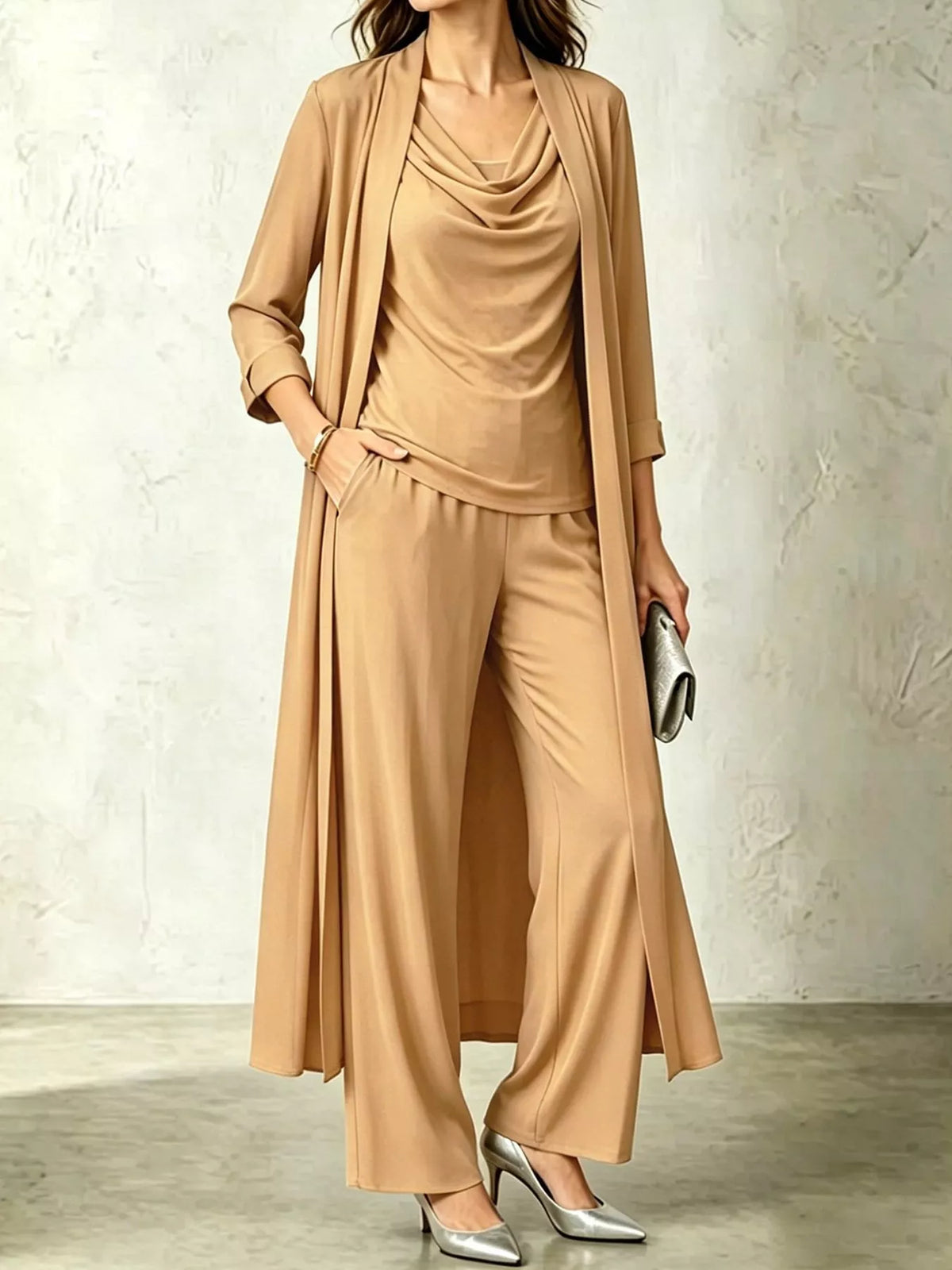 Cowl-Neck Top, Cardigan & Wide-Leg Pants Three-Piece Set