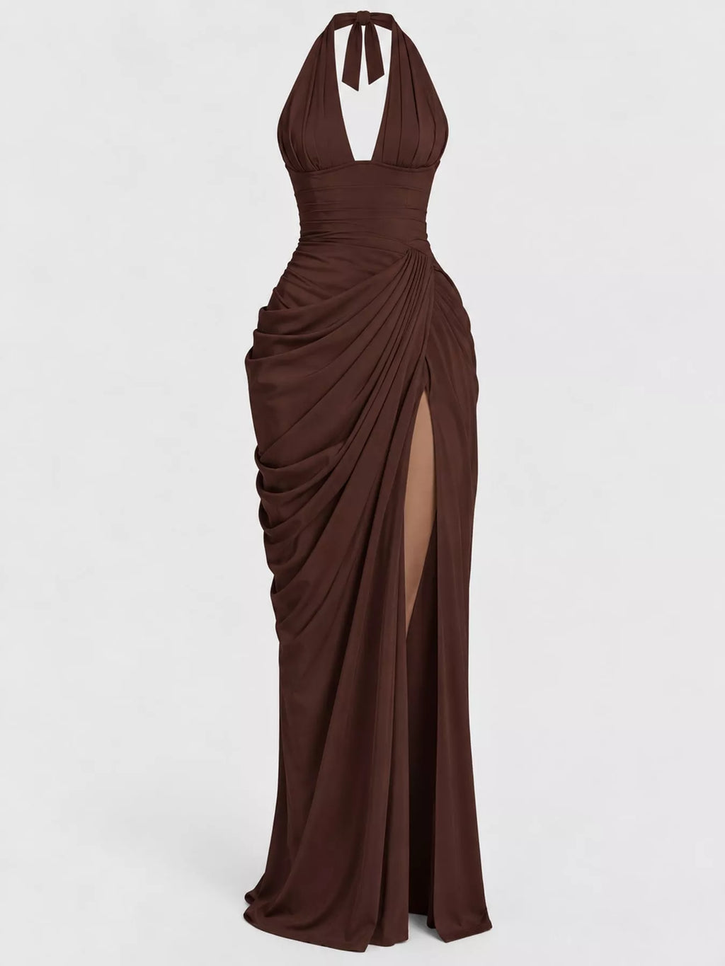 Halter-Neck Ruched High-Slit Maxi Evening Dress