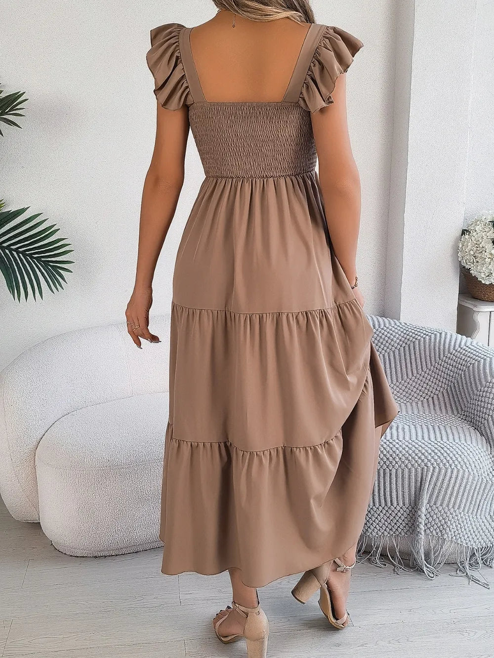 Smocked Square-Neck Cap-Sleeve Midi Dress