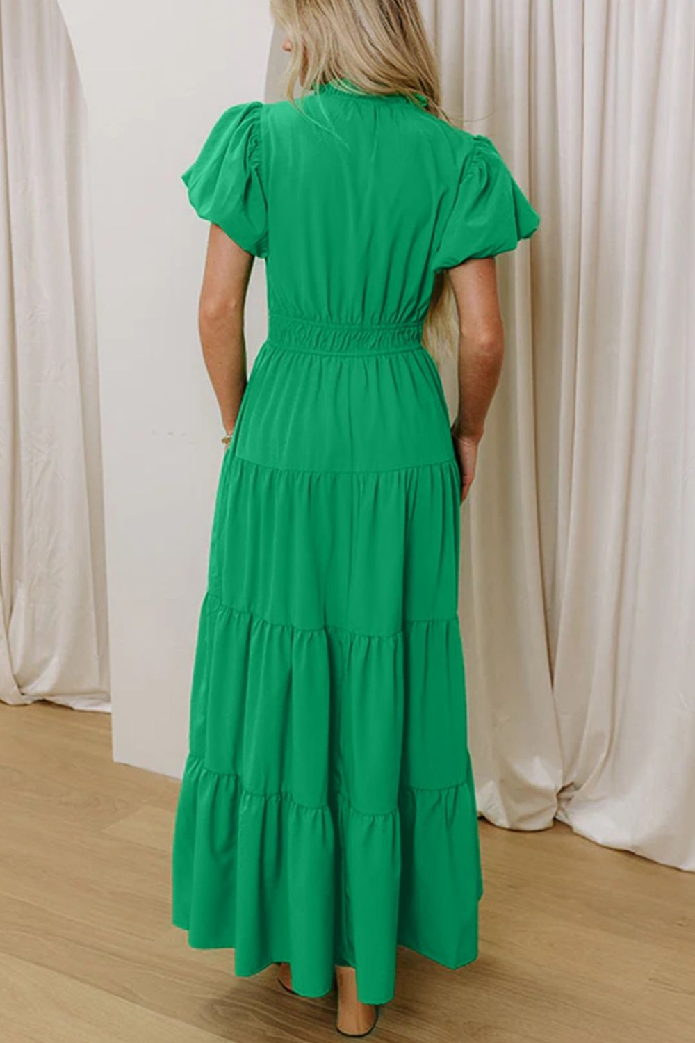 Ruffled Tiered Puff-Sleeve Maxi Dress