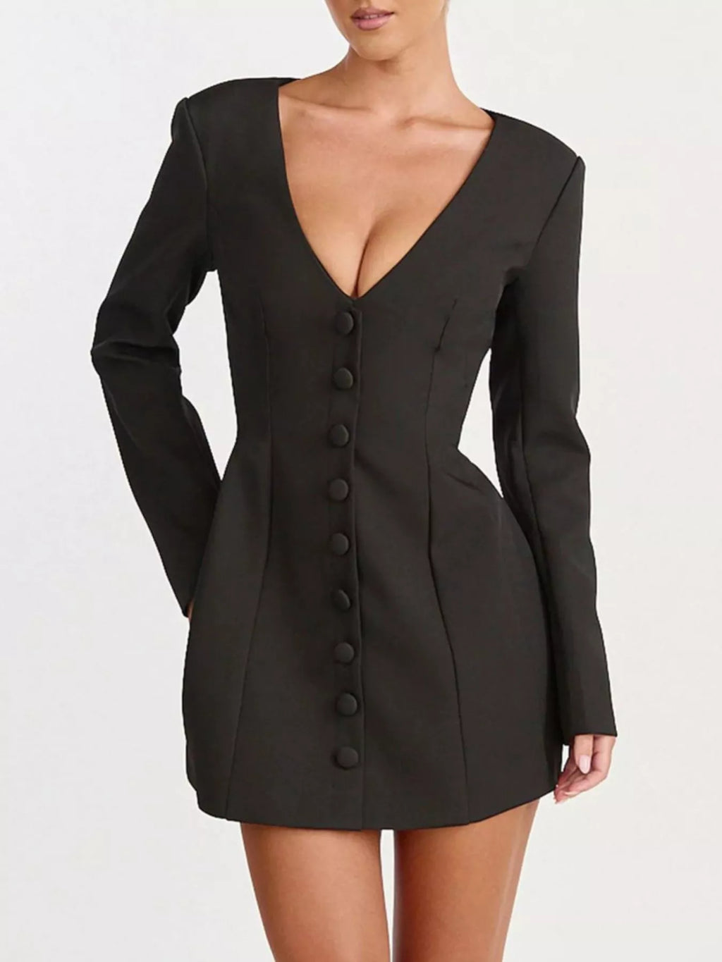 Deep V-Neck Button-Down Blazer Dress