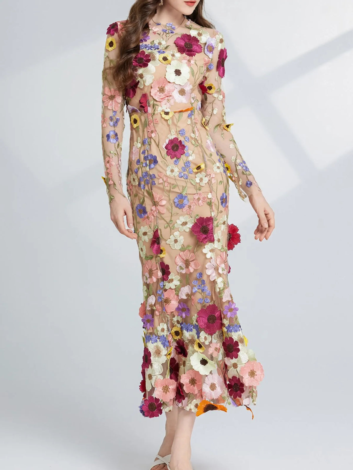 Floral-Embroidered Mesh Long-Sleeve Midi Dress