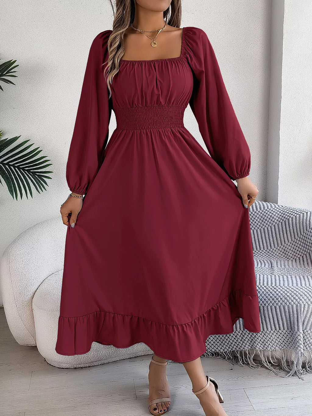 Square-Neck Smocked-Waist Long-Sleeve Midi Dress