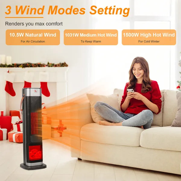 1500W Ceramic Tower Space Heater — 3D Flame Effect, 90° Oscillating, Remote Control & 12H Timer — Prime Trend Market