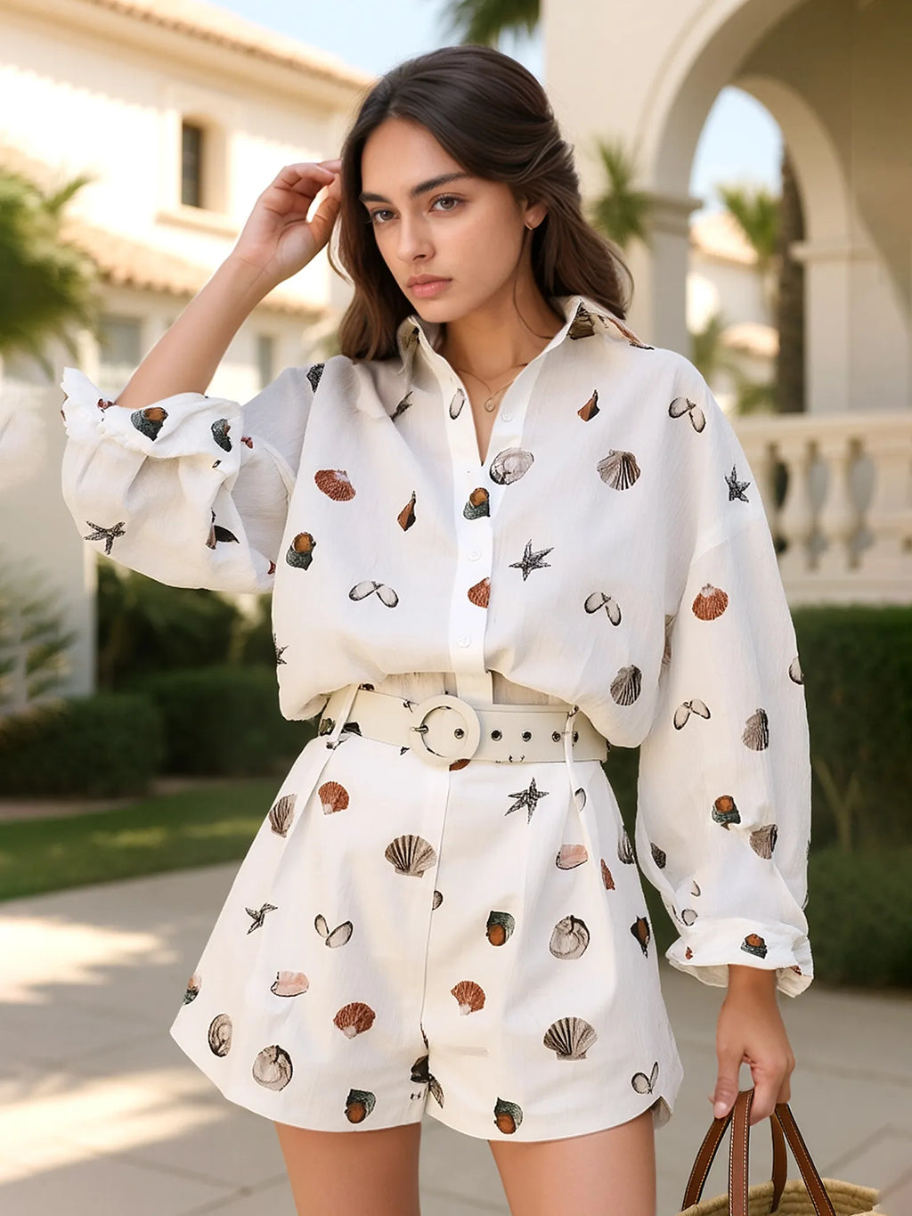 White Seashell-Print Button-Up Shirt & Shorts Set