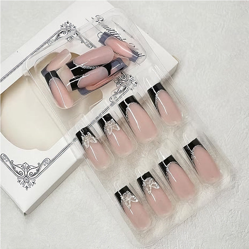24 PCS Black P Ink Butterfly Nail Art, Long Length Long Water Pipe Fake Nails,Square Head Nail Tips False Nail — Prime Trend Market