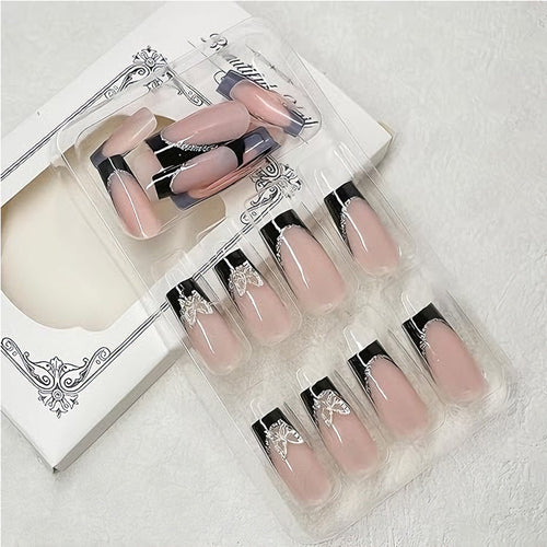 24 PCS Black P Ink Butterfly Nail Art, Long Length Long Water Pipe Fake Nails,Square Head Nail Tips False Nail — Prime Trend Market