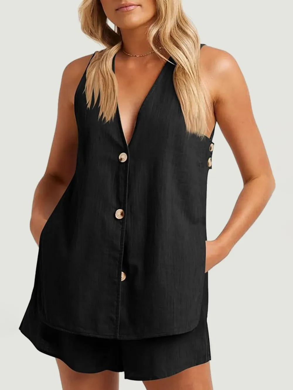Cotton Button-Front Sleeveless Top & Shorts Set