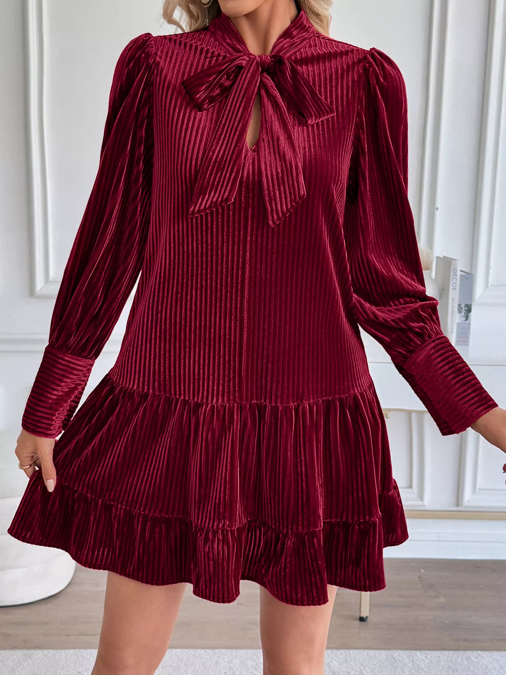 Perfee Burgundy Tie-Neck Velvet Tiered Mini Dress