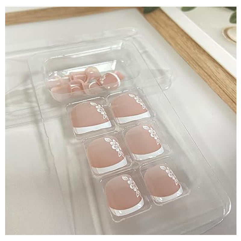 White Floral Press On Toenails — 24 PCS French Tip Short Square | Glue-On Fake Toe Nails for Women — Prime Trend Market