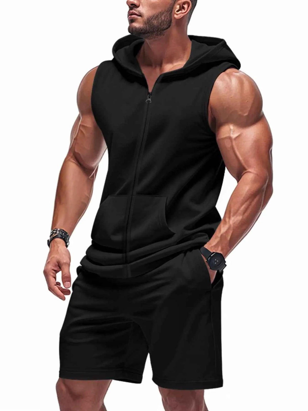 Men’s Sleeveless Zip-Front Hoodie & Shorts Set