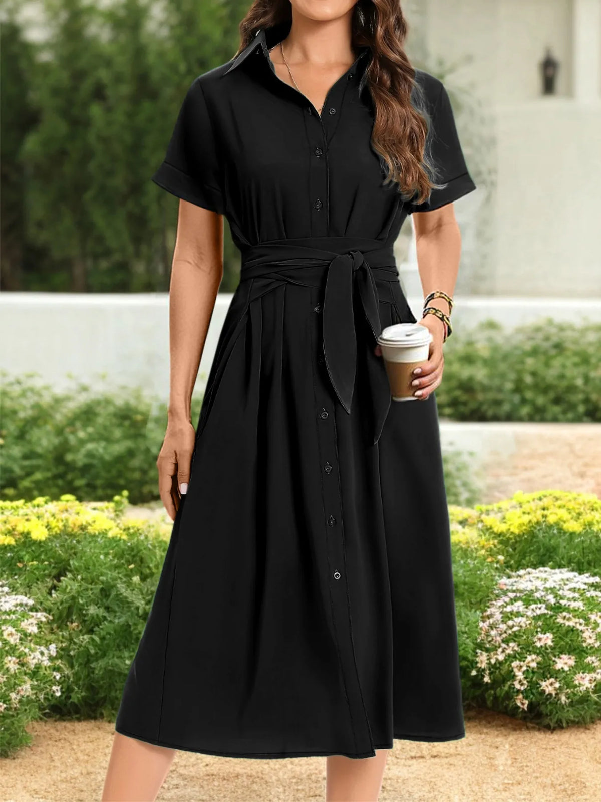Black Button-Down Belted Midi Shirt Dress