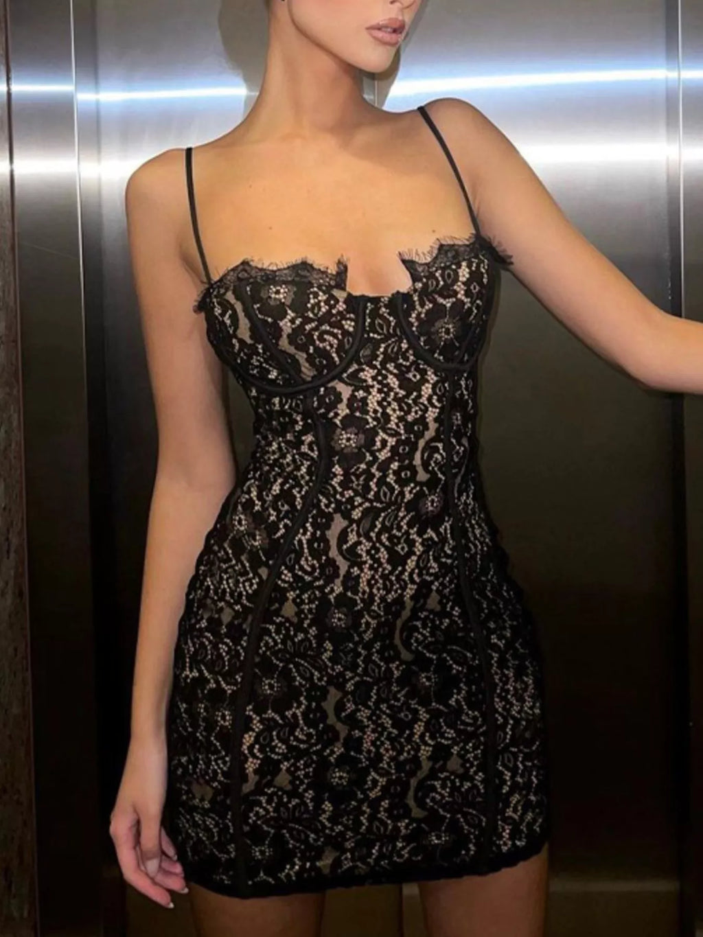 Floral Lace Spaghetti-Strap Mini Dress