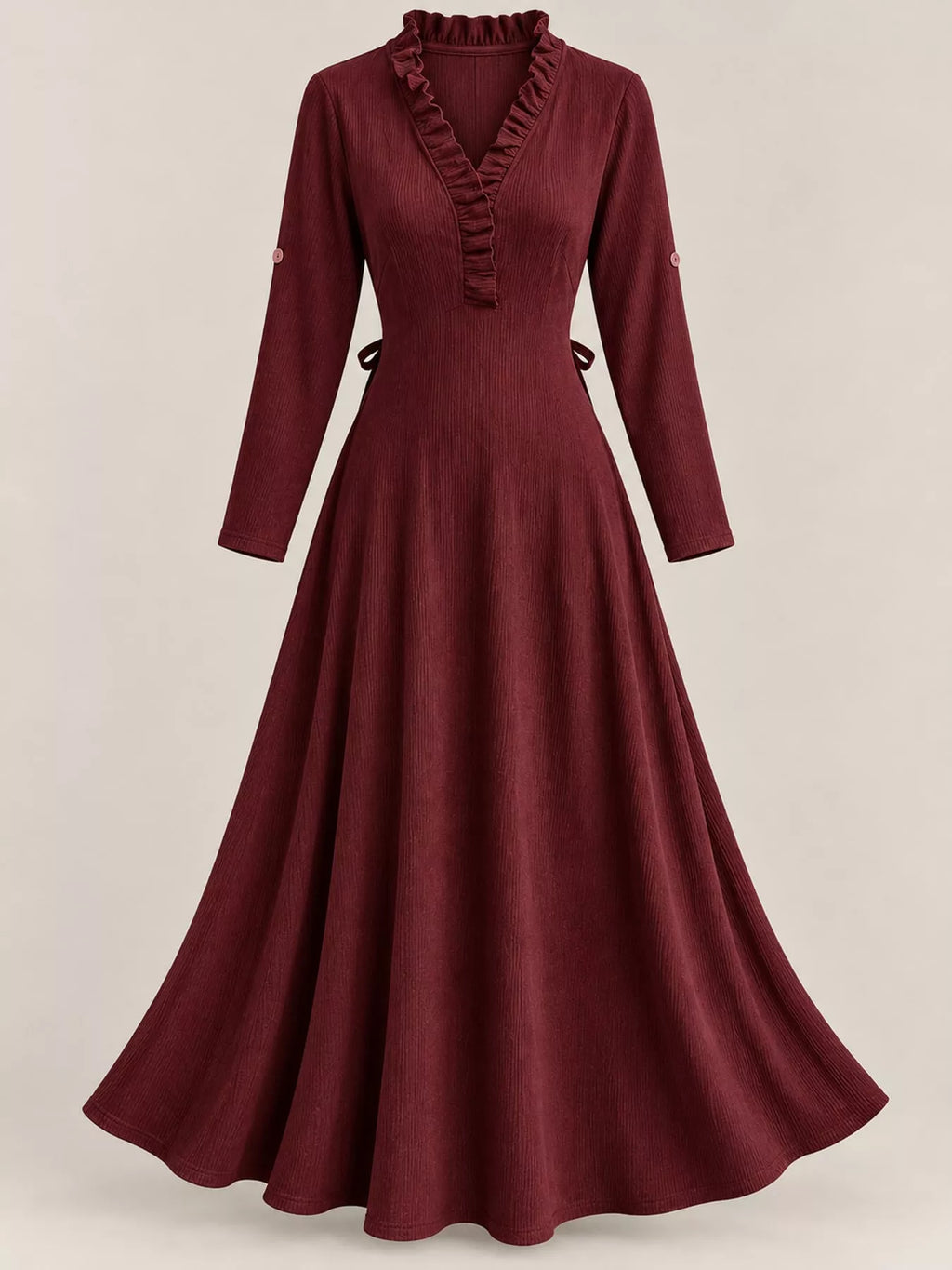 Frill V-Neck Roll-Tab Sleeve Maxi Dress, XS–3XL