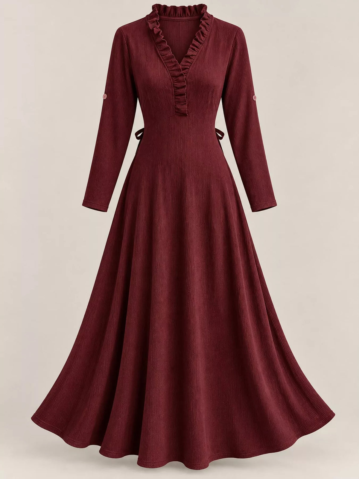 Frill V-Neck Roll-Tab Sleeve Maxi Dress, XS–3XL