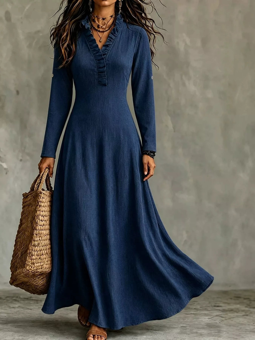Frill V-Neck Roll-Tab Sleeve Maxi Dress, XS–3XL