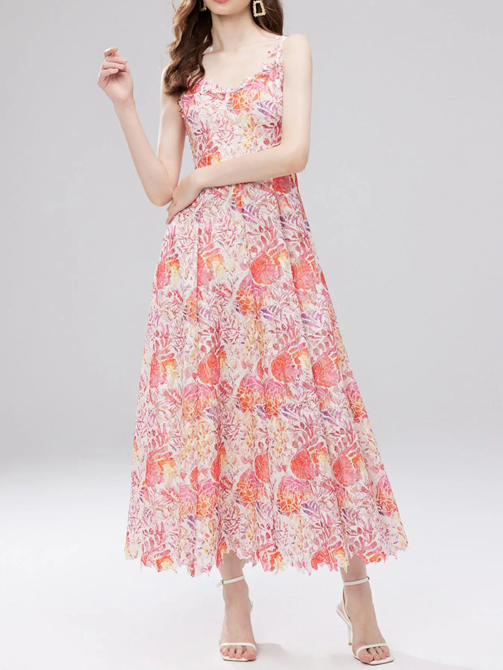 Floral Lace Sleeveless V-Neck Midi Dress