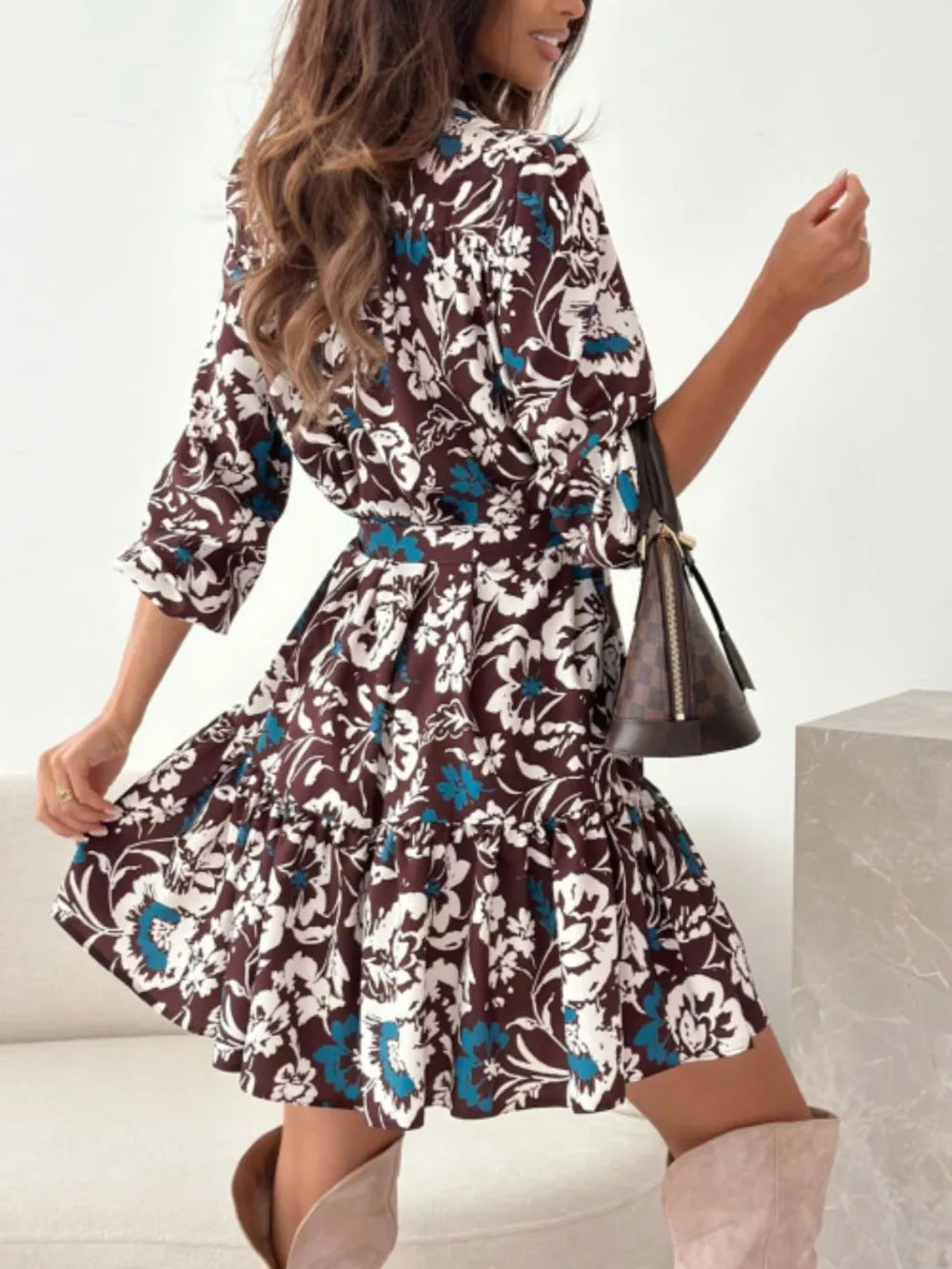 Floral Long-Sleeve Tie-Waist Ruffle-Hem Mini Dress