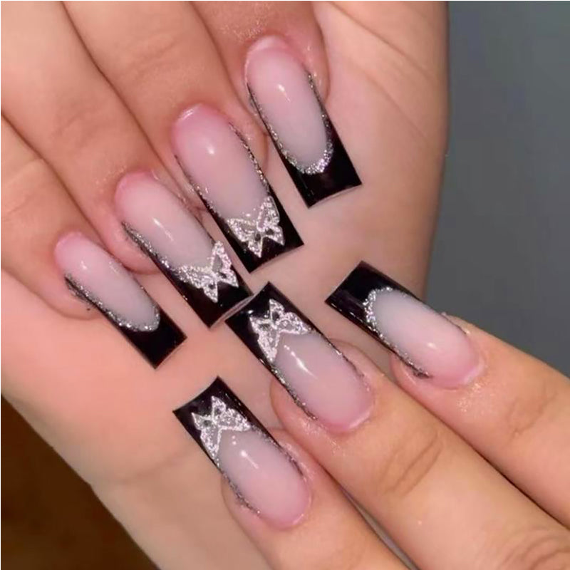 24 PCS Black P Ink Butterfly Nail Art, Long Length Long Water Pipe Fake Nails,Square Head Nail Tips False Nail — Prime Trend Market