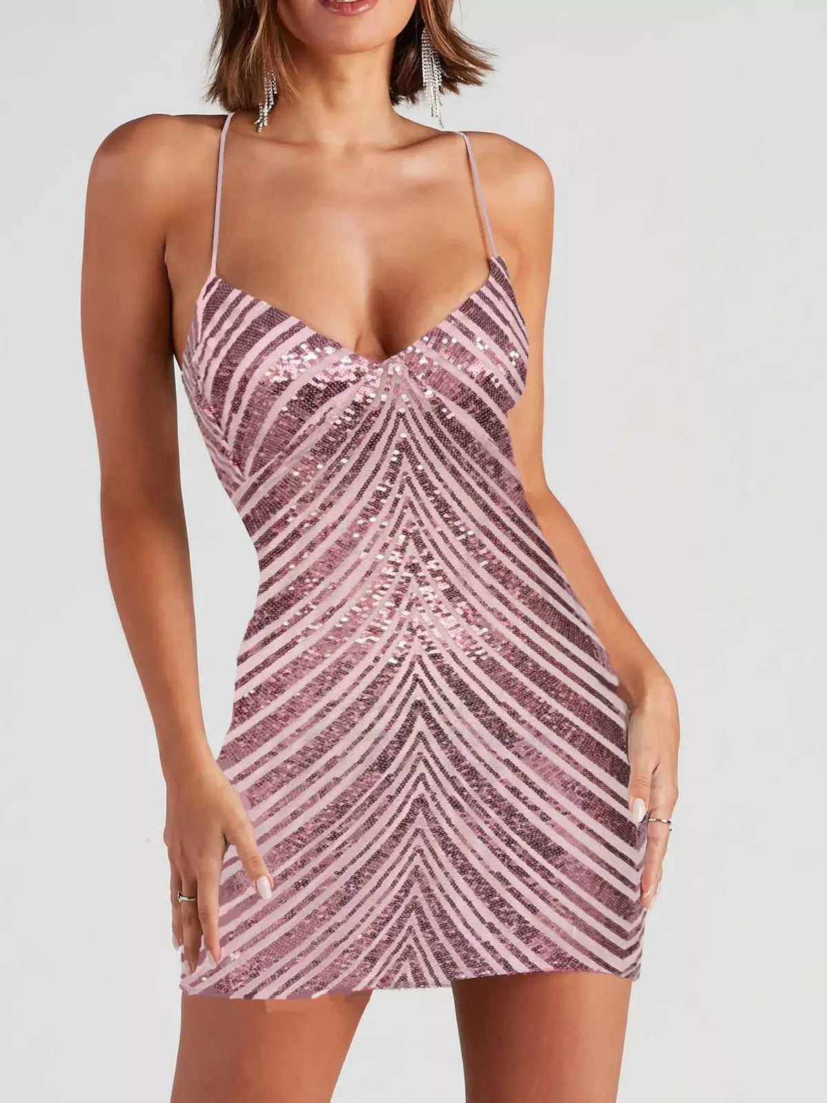Sequin V-Neck Backless Bodycon Mini Cami Dress