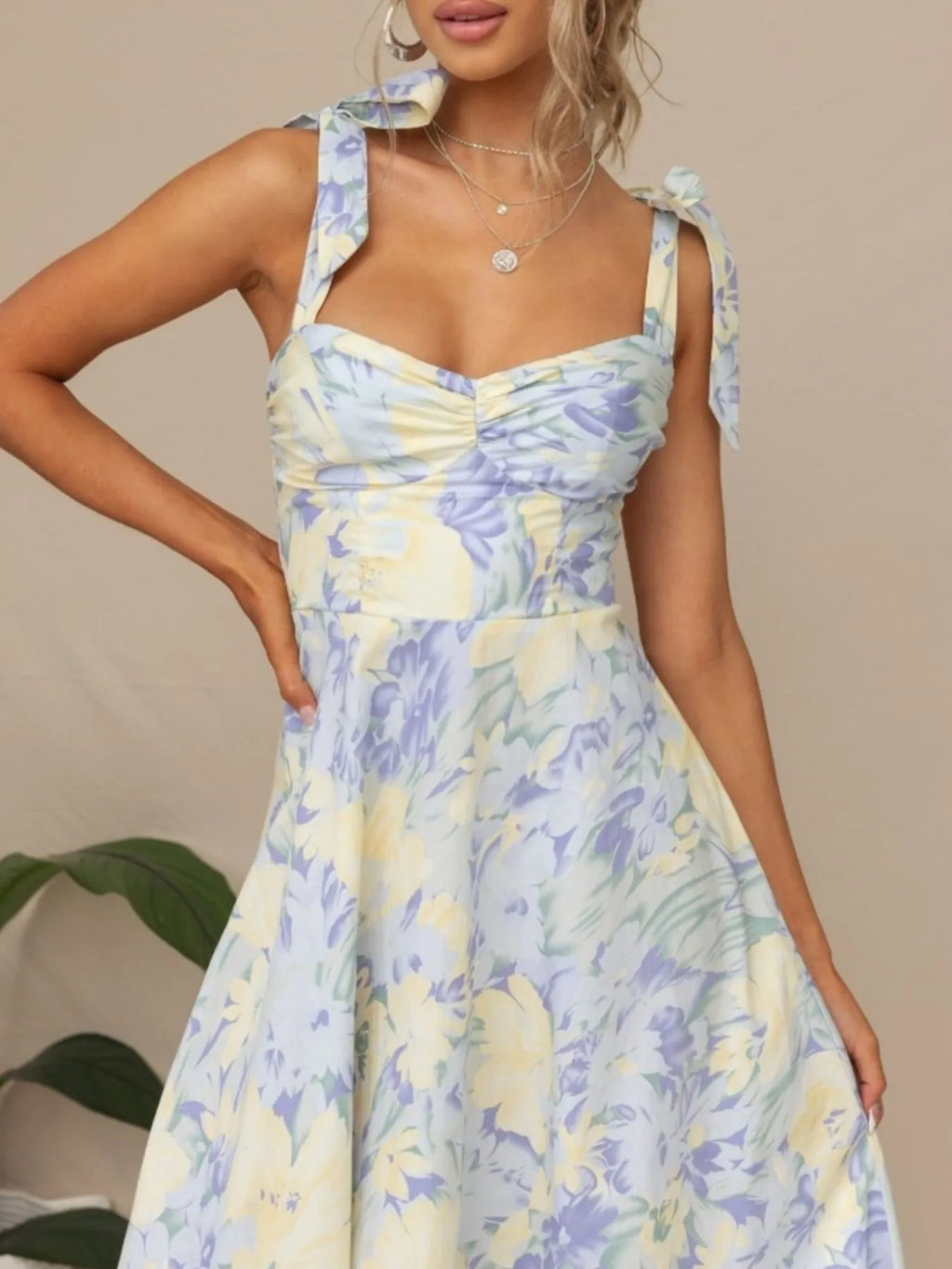 Floral Tie-Shoulder Sweetheart Dress