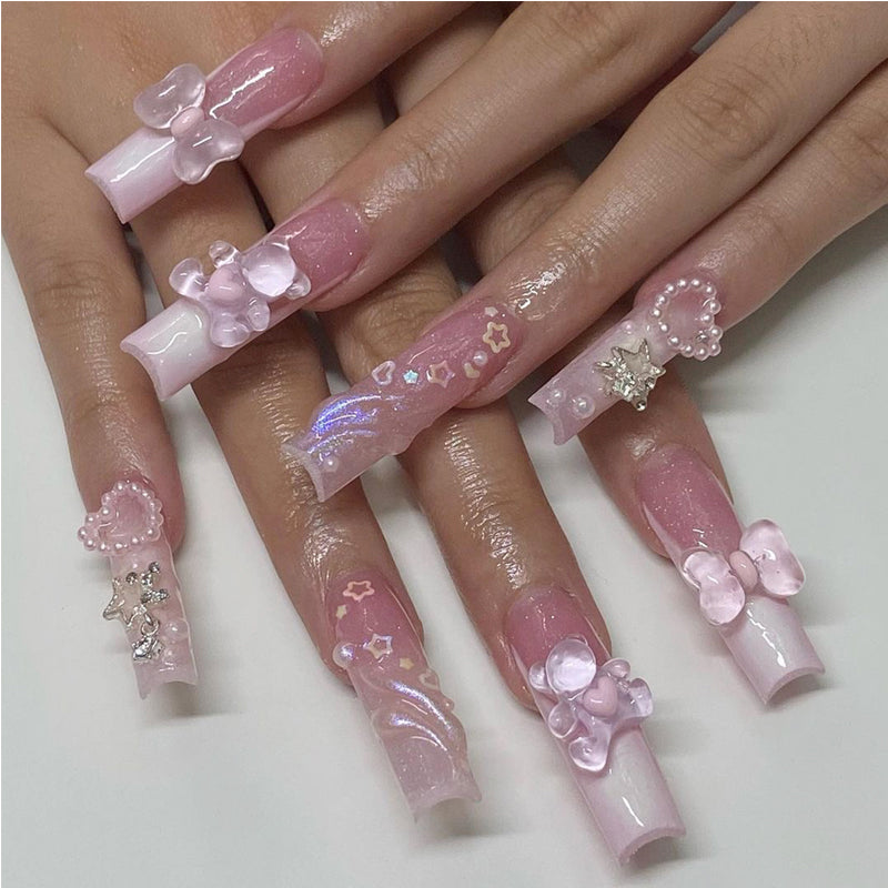 Bear Bow-Knot Press On Nails — 24 PCS Long Square Kawaii Fake Nails | Y2K Nail Art — Prime Trend Market